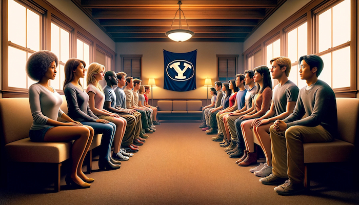 AI generated image depicting what a mormon gazing party at BYU might look like