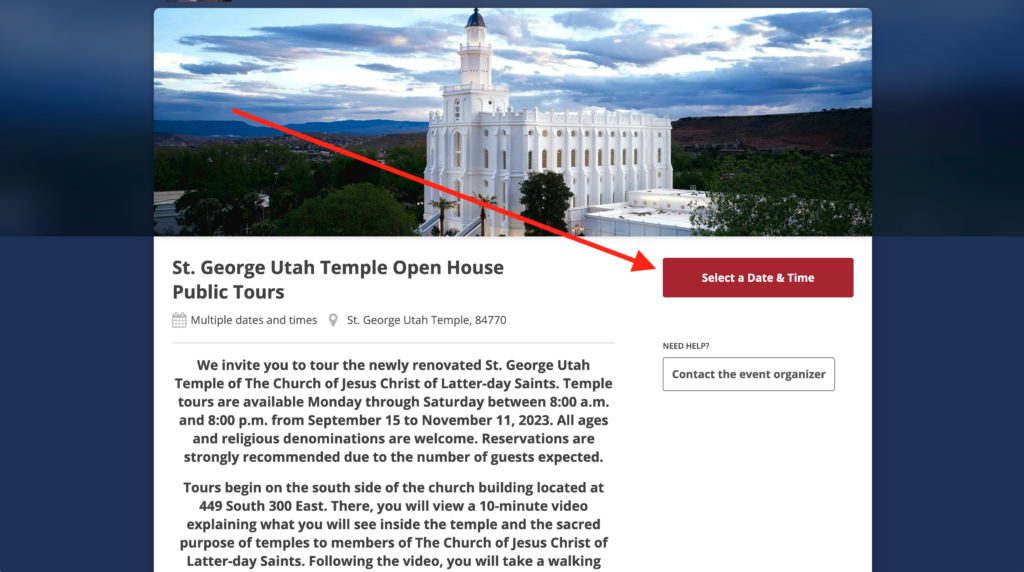 screen shot of st george temple tour booking site