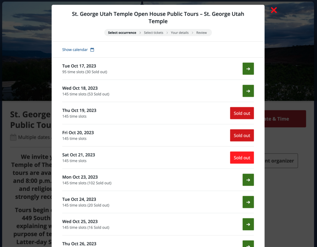 Date selection tool on St George Open House Ticket reservation tool 