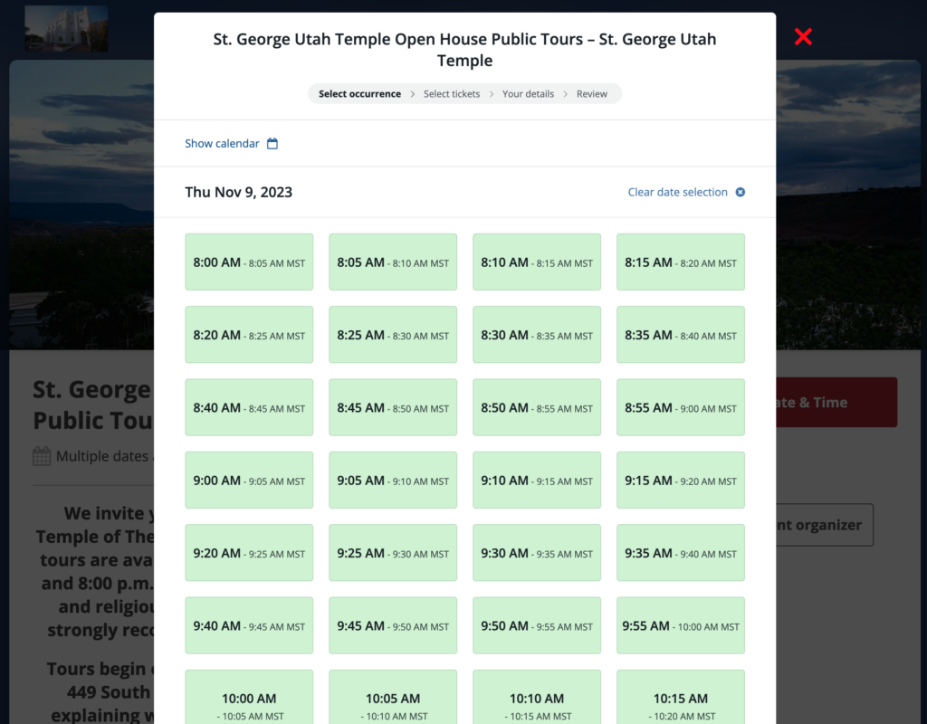 St George Temple Open House Time Selection Tool 