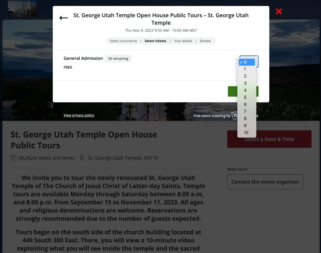 Screen shot of St George LDS Temple Open House Ticket Selection tool 