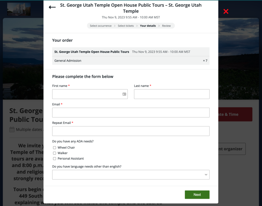 Screen shot of form for completing your ticket reservation for st george temple open house. 